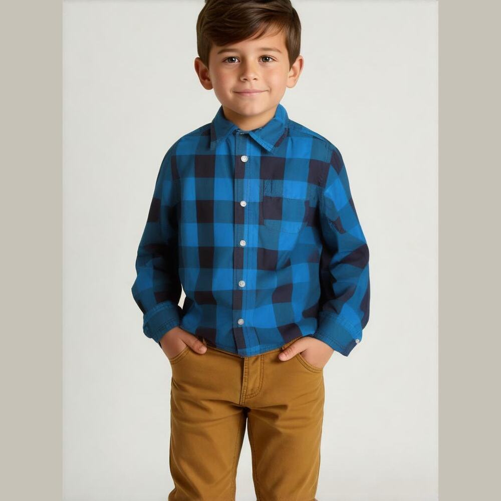 OshKosh Boys Shirt Sz 5T 5 Blue Black Check Button Up Long Sleeve Cotton